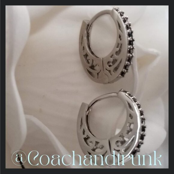 Silver Channel Set Black Spinel Oval Hoop Hinged Style Earrings Filigree Sides - Picture 4 of 4